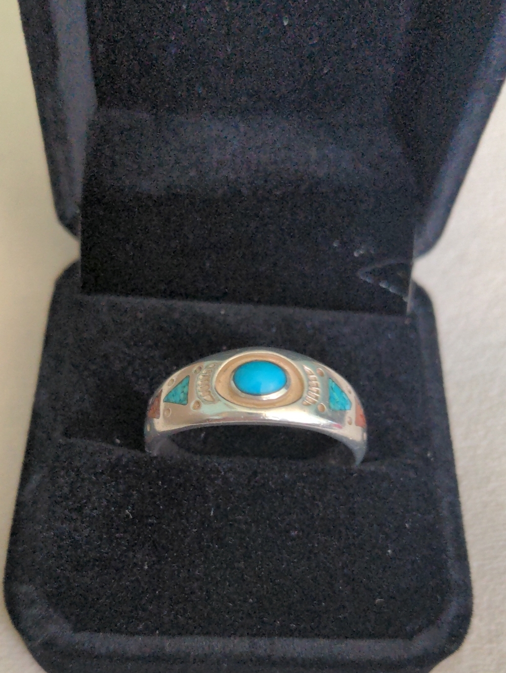 Sterling Silver Turquoise & Coral Inlay Indian Band Ring. Size 13, Navajo